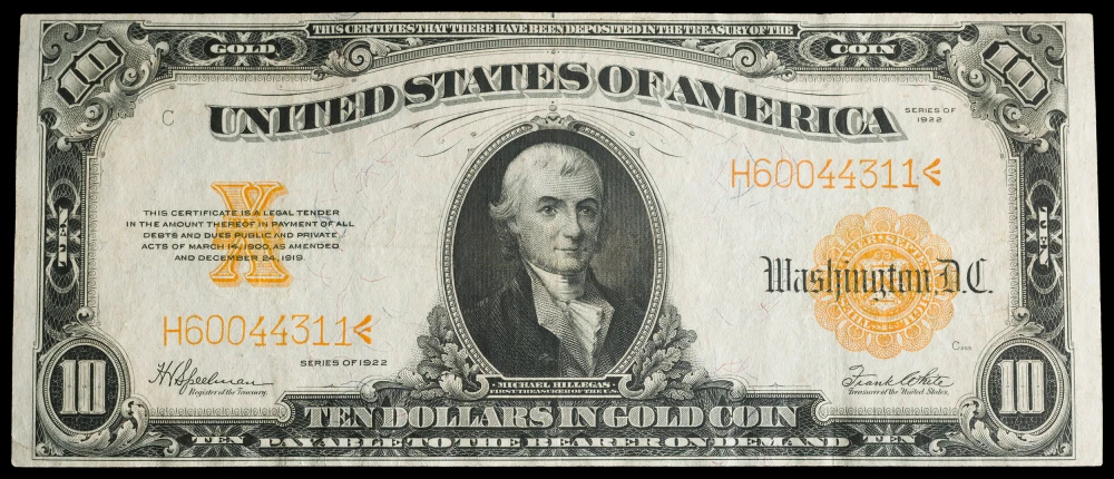 EF Series 1922 $10 Gold Coin Note