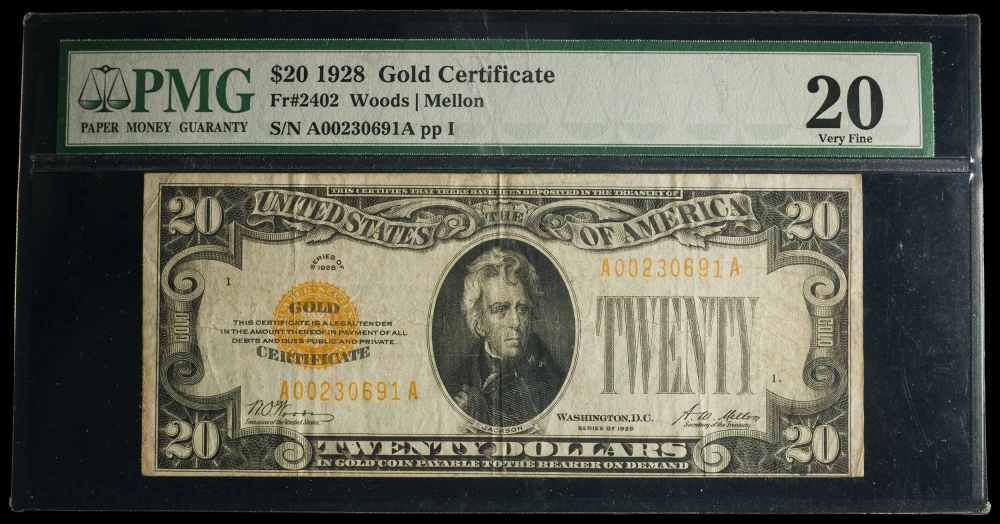 PMG VF-20 Series 1928 $20 Gold Certificate