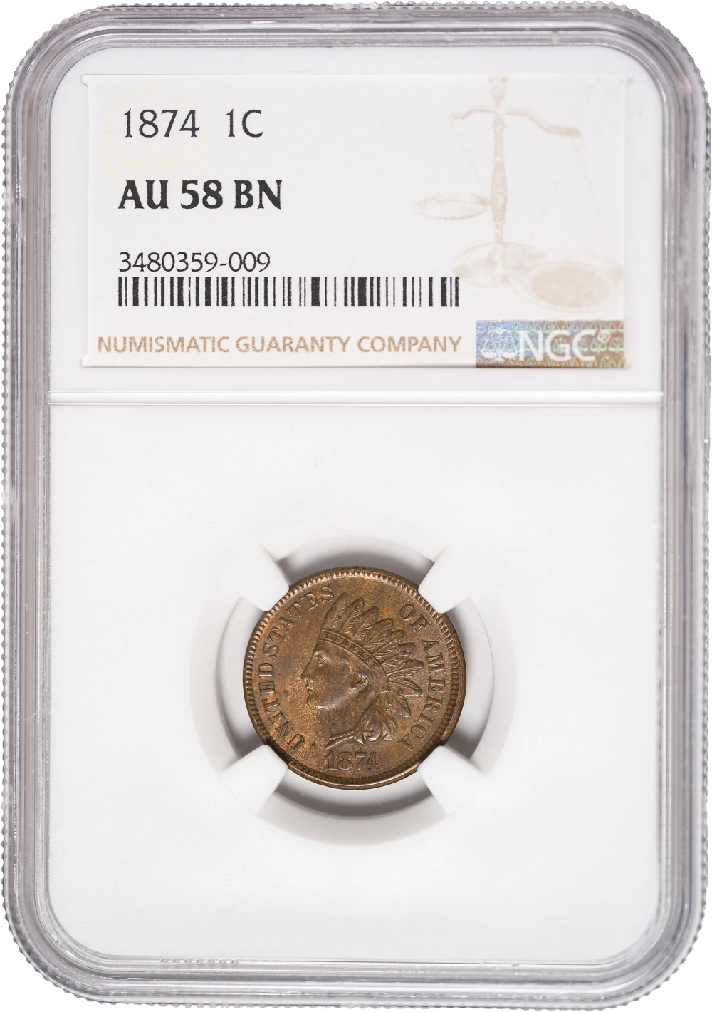 NGC AU-58 1874 Indian Cent