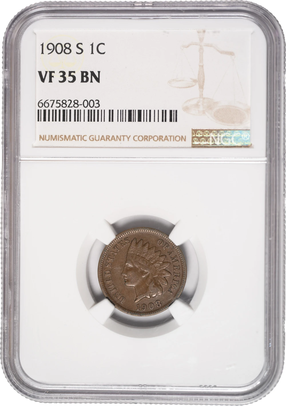 NGC VF-35 1908-S Indian Cent
