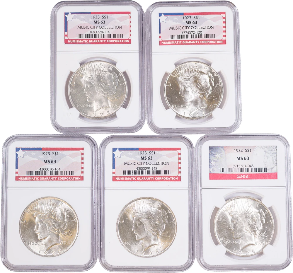 5 PCS NGC Certified 1923 Peace Dollars