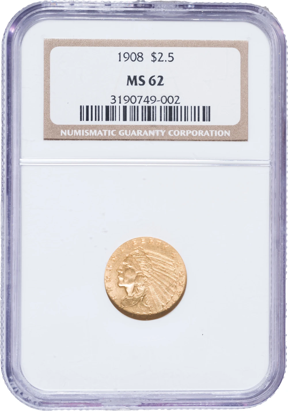 NGC MS-62 1908 I$2.50 Gold Indian