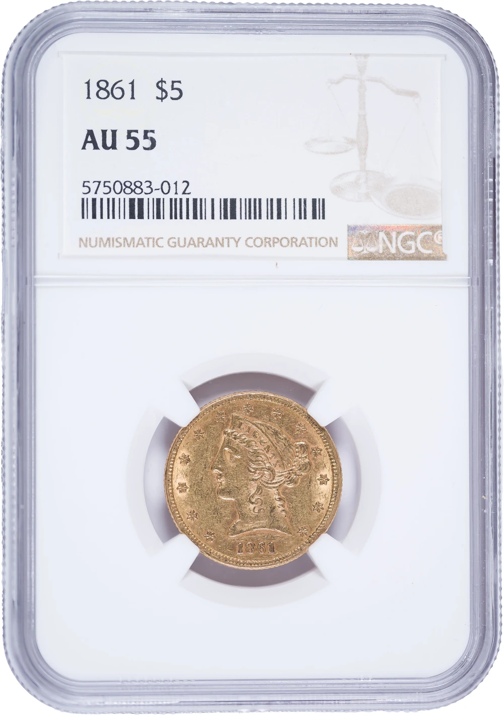 NGC AU-55 1861 $5 Gold Liberty