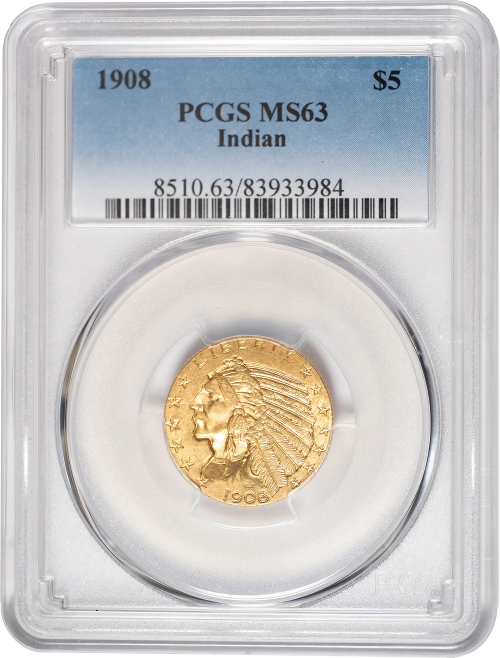 PCGS MS-63 1908 $5 Gold Indian