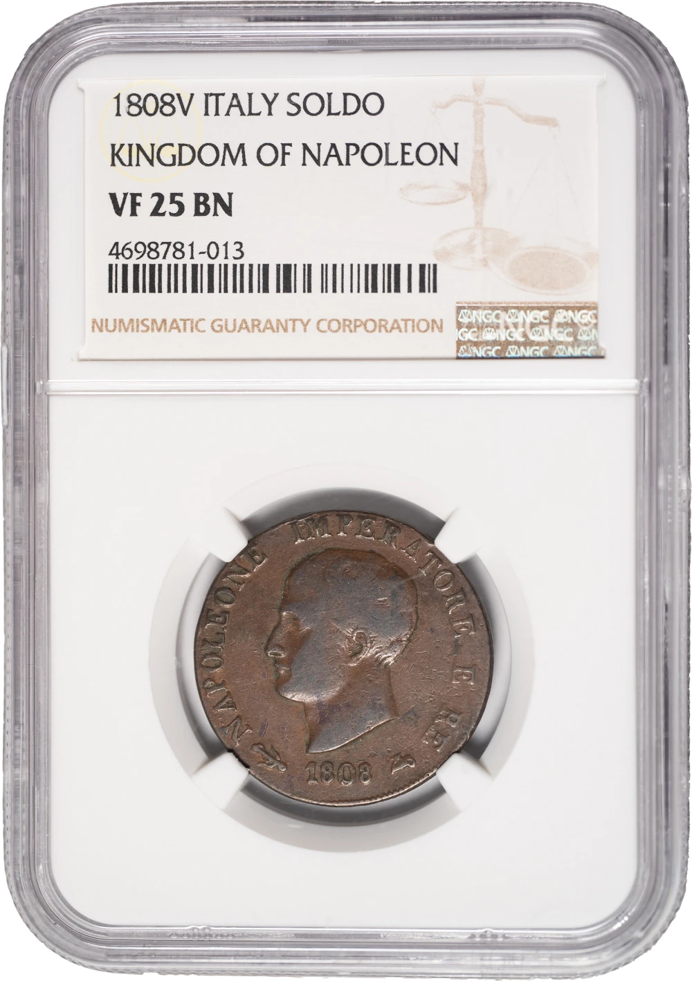 Italy. Napoleon. NGC VF-25 1808-V Soldo