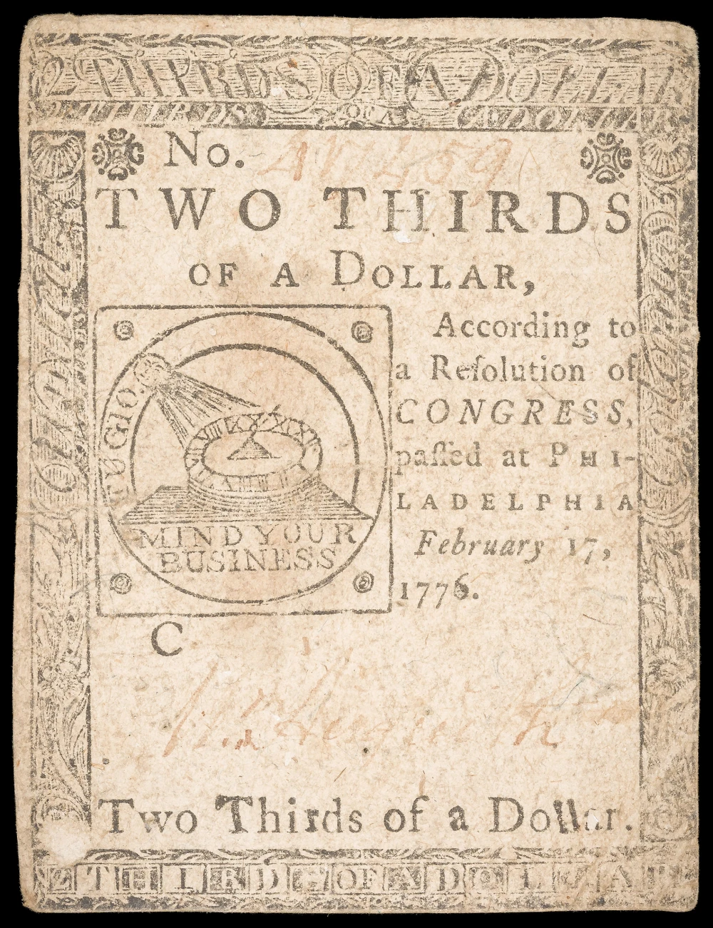 VF 1776 $2/3 Continental Currency