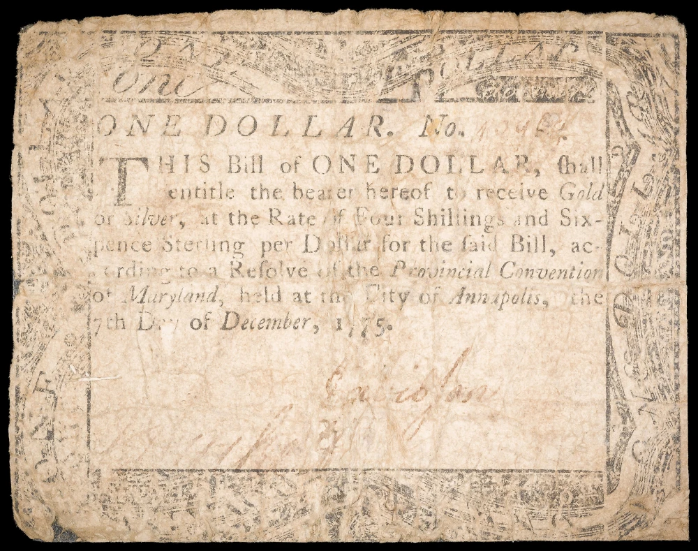 Fine Details 1775 Maryland $1 Colonial Currency