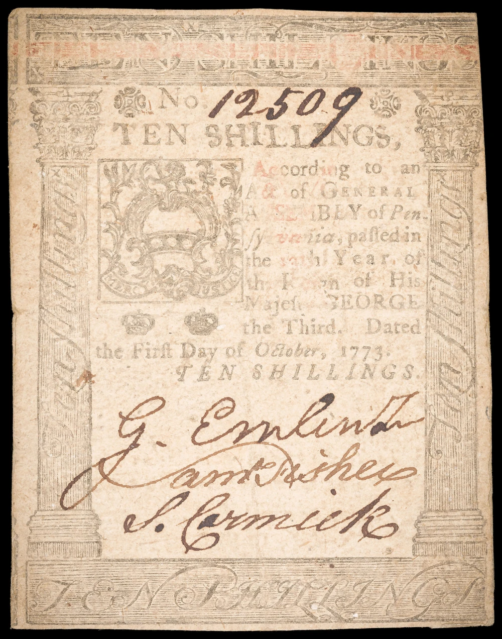 VF 1773 Pennsylvania 10 Shils Colonial Currency