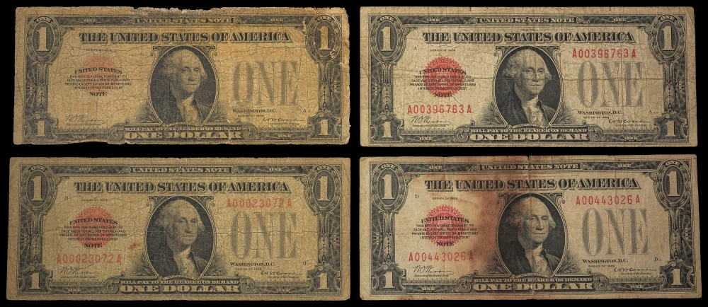 4 Pcs G-F 1928 $1 U.S. Notes
