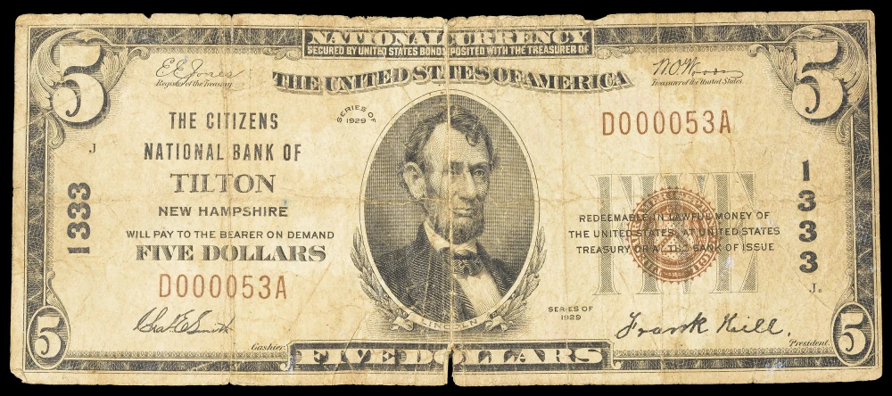 Fine Low Serial Number 1929 Tilton NH $5 National