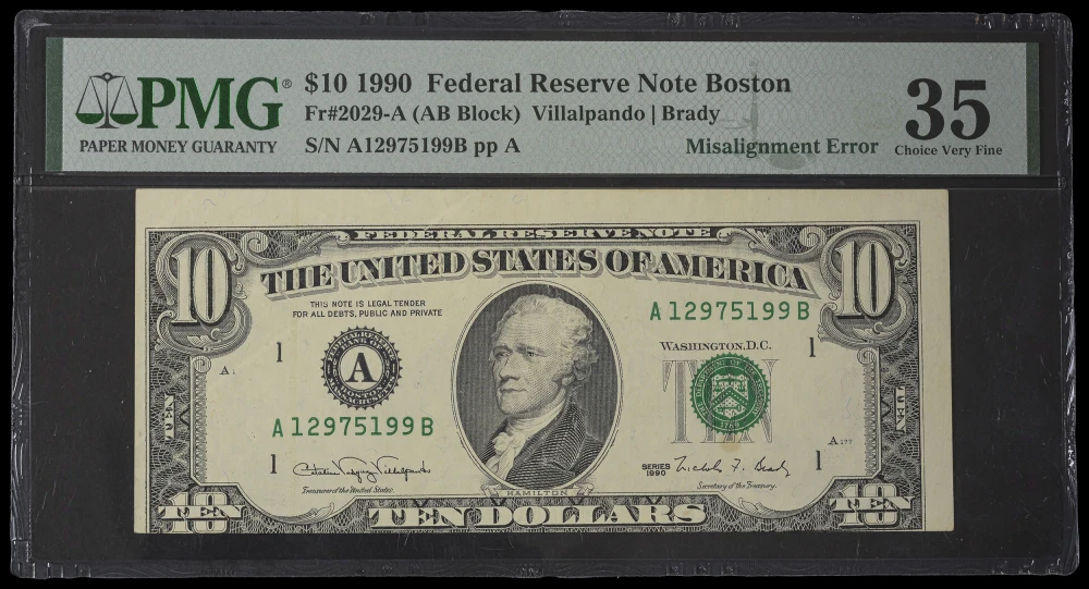 PMG VF-35 1990 $10 FRN Error
