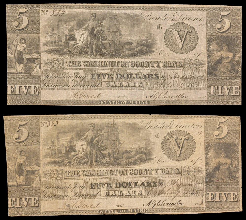 Maine. Calais. Washington Cnty Bank $5 Pair