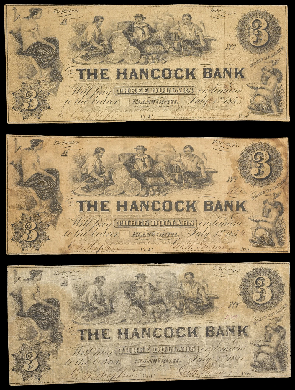 Maine. Ellsworth. Hancock Bank $3 Trio