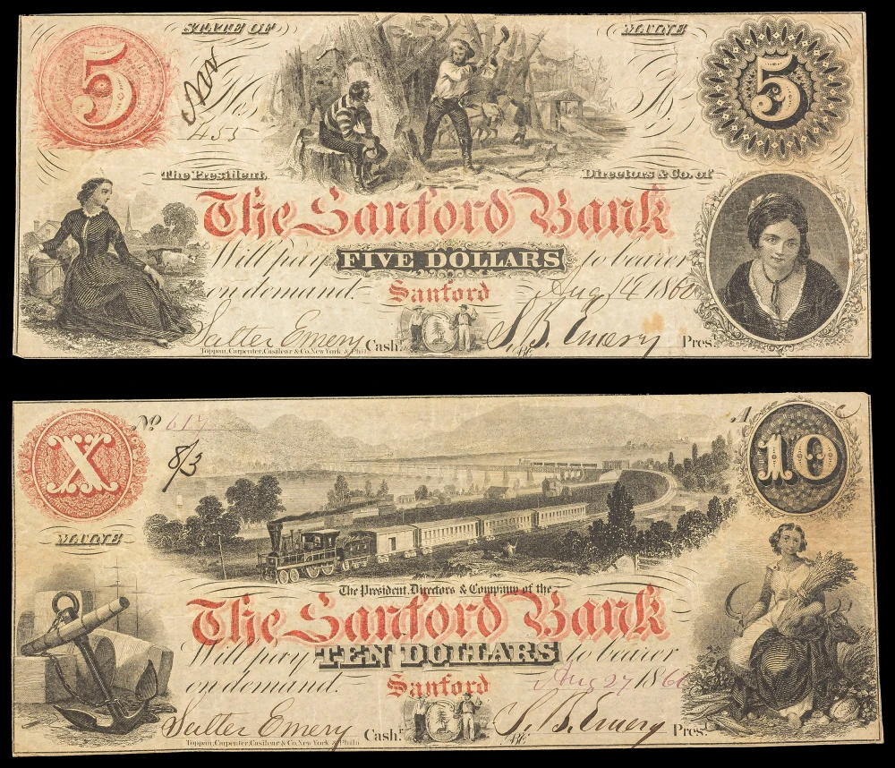 Maine. Sanford. Sanford Bank $5 & $10 Pair