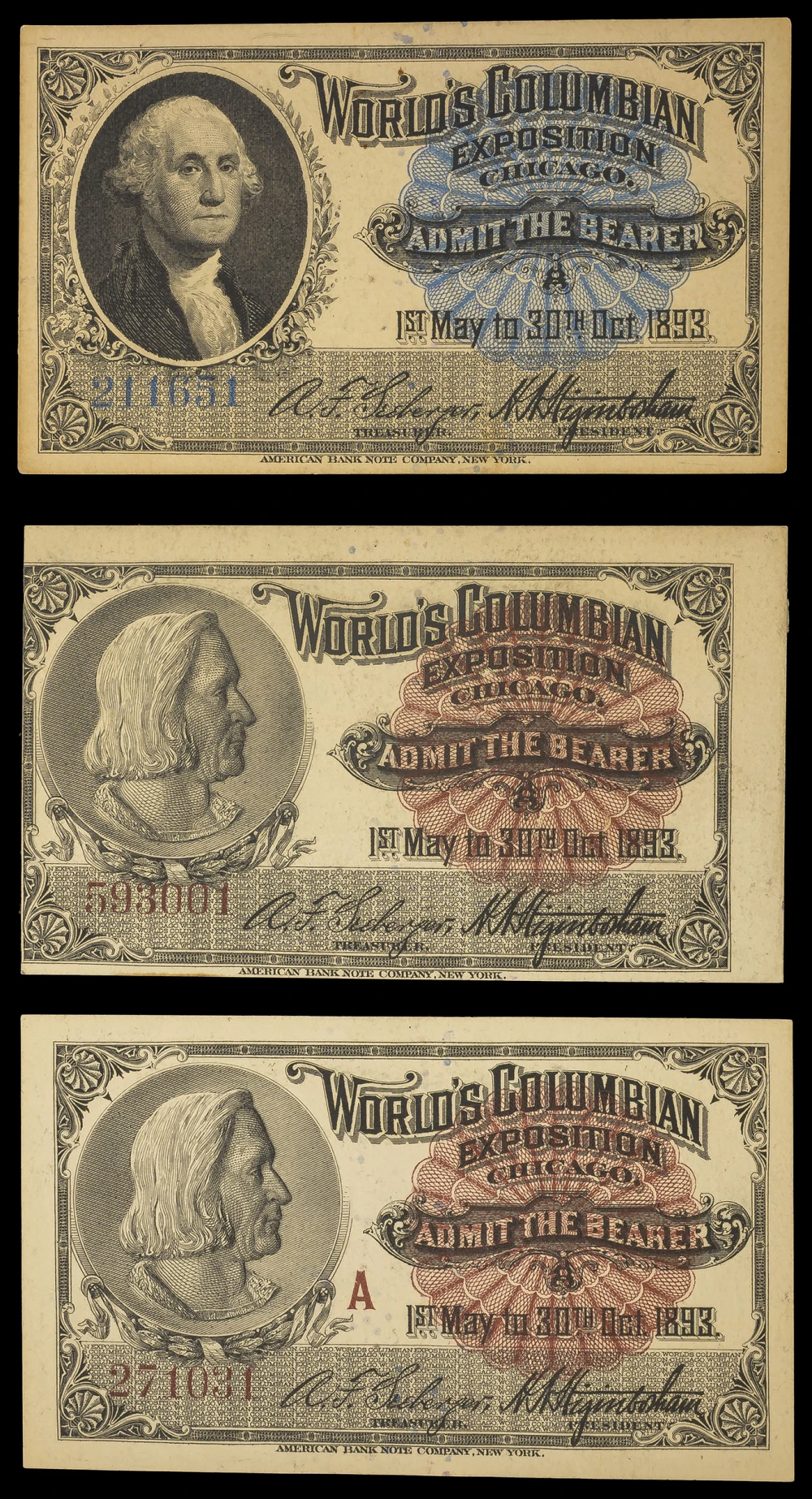 Trio Of 1893 Columbian Expo Tickets