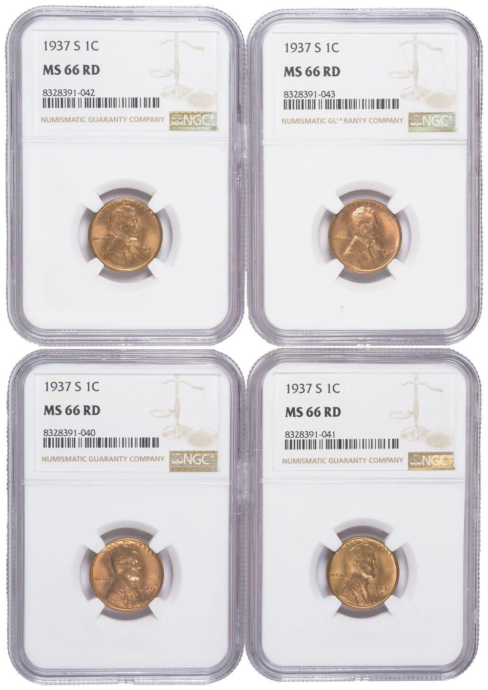 4 Piece Lot Of NGC MS-66 Red 1937-S Lincoln Cents