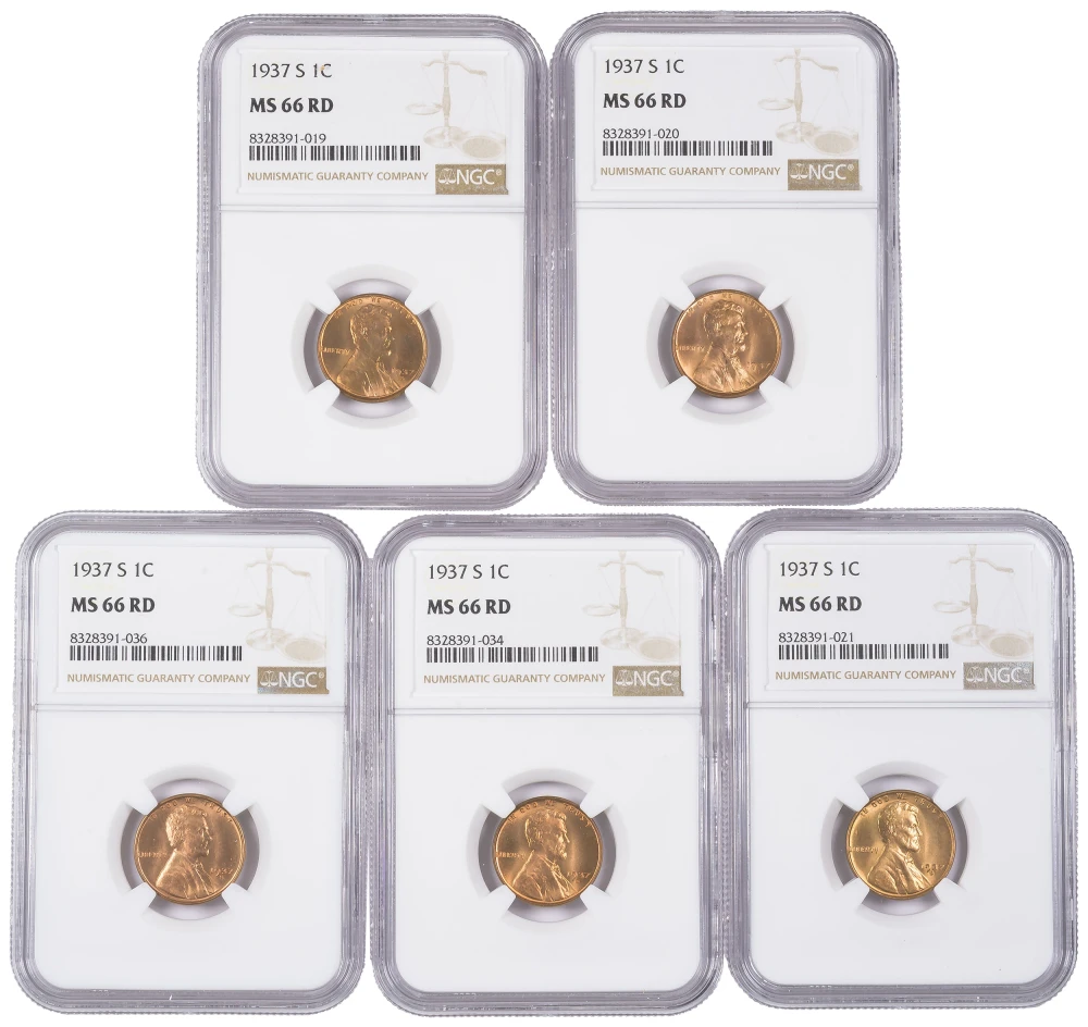 5 Piece Lot Of NGC MS-66 Red 1937-S Lincoln Cents
