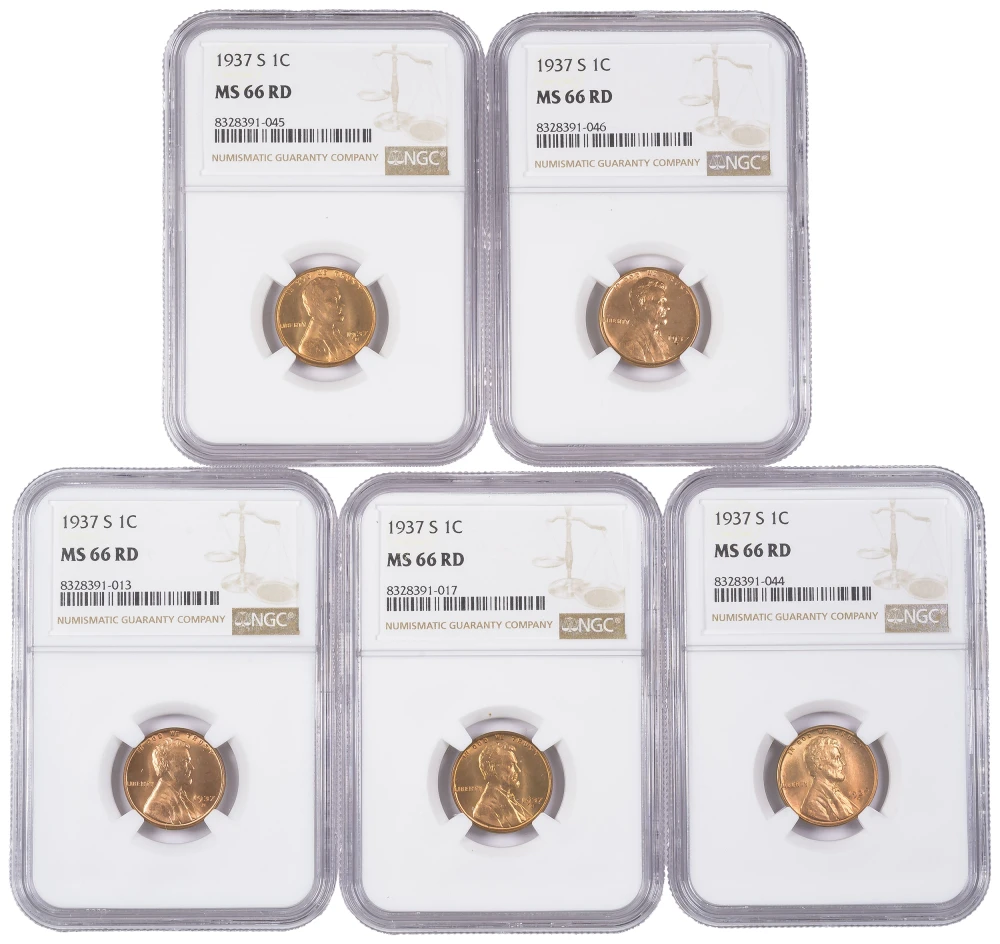 5 Piece Lot Of NGC MS-66 Red 1937-S Lincoln Cents