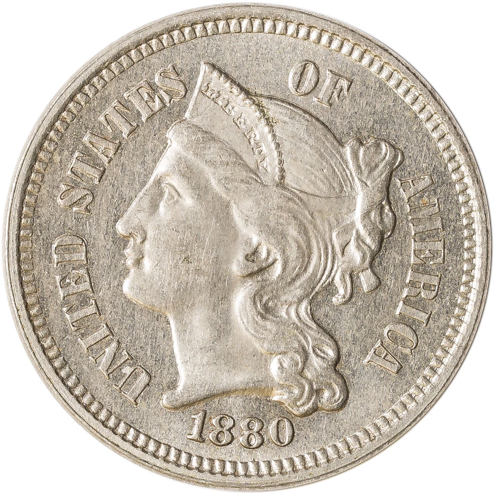 Choice BU-63 1880 Three Cent Nickel