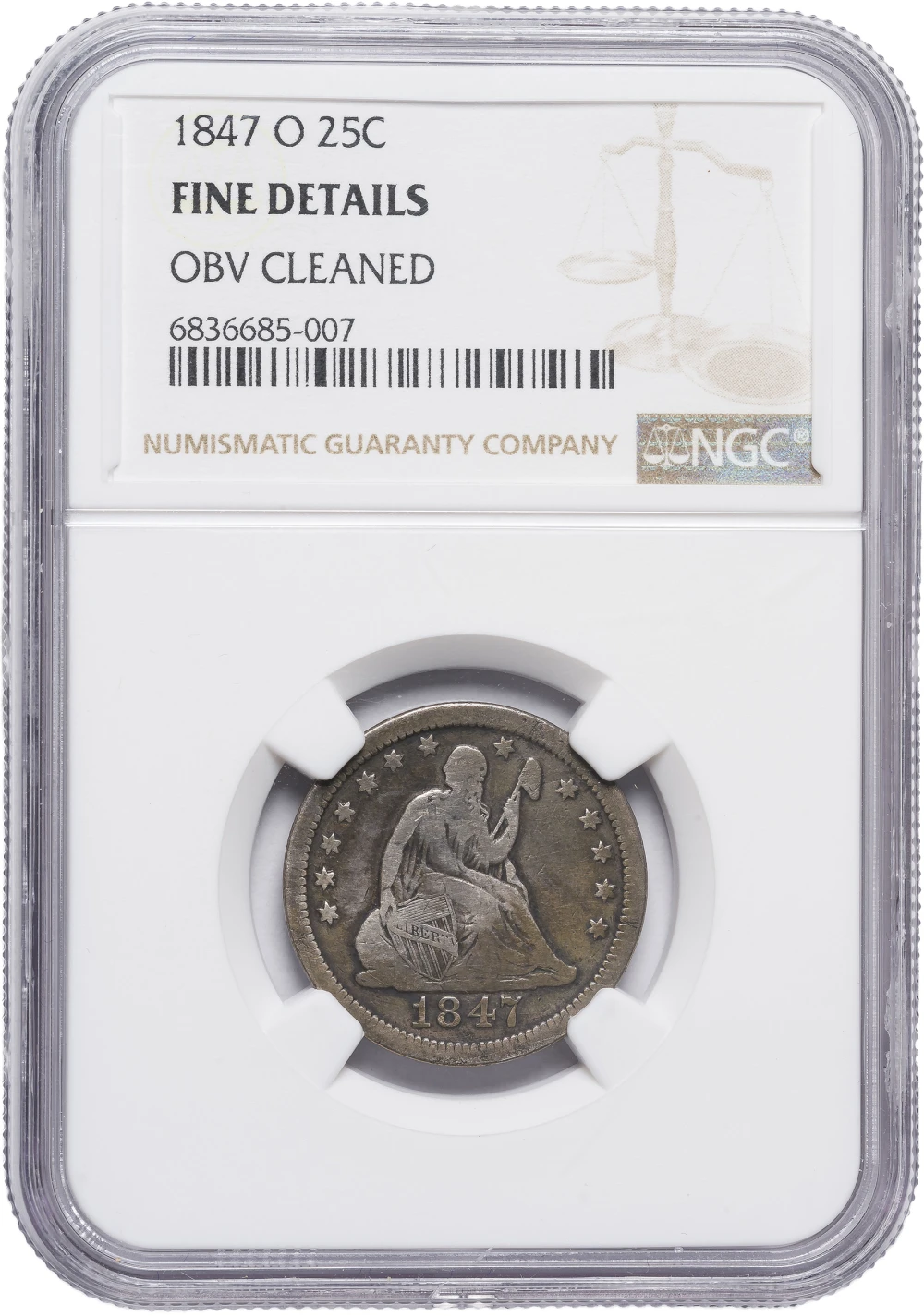 NGC Fine Details 1847-O Seated Quarter
