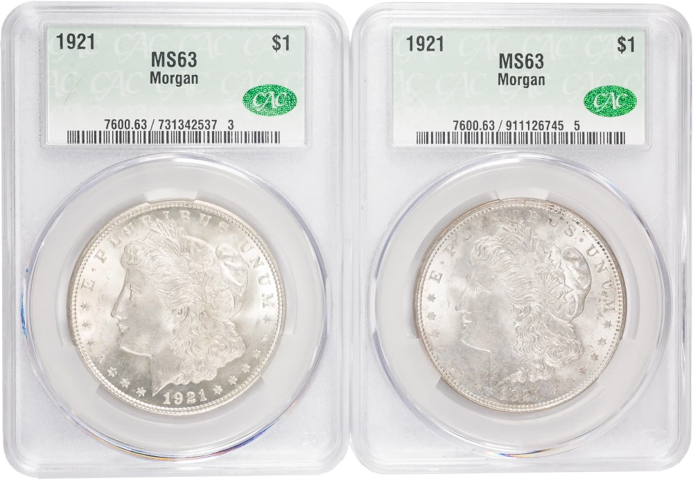 Pair Of CACG MS-63 1921 Morgan Dollars