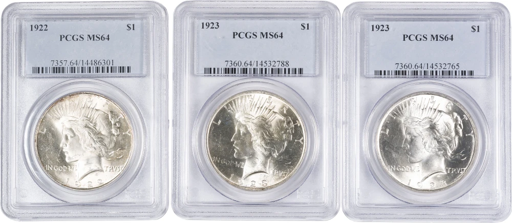 3 Pieces Of PCGS MS-64 1922 & 23 Peace Dollars