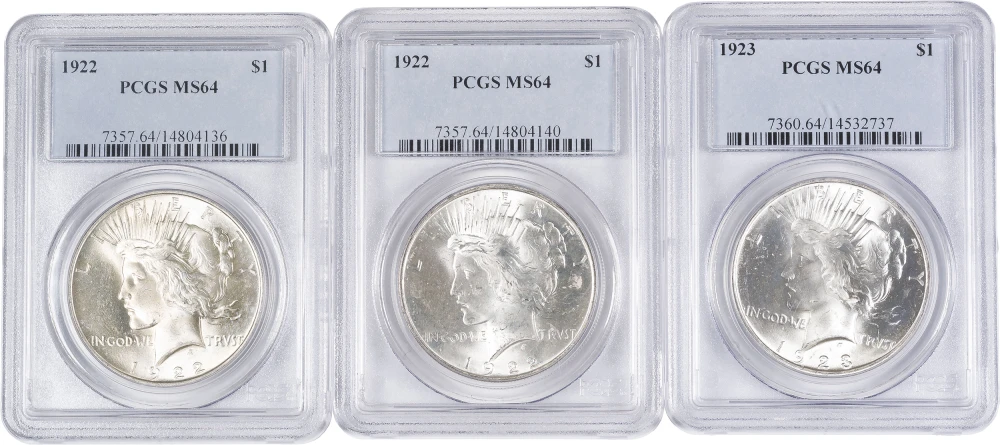 3 Pieces Of PCGS MS-64 1922 & 23 Peace Dollars