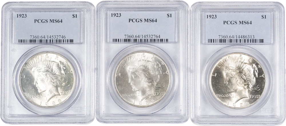 3 Piece Lot Of PCGS MS-64 1923 Peace Dollars