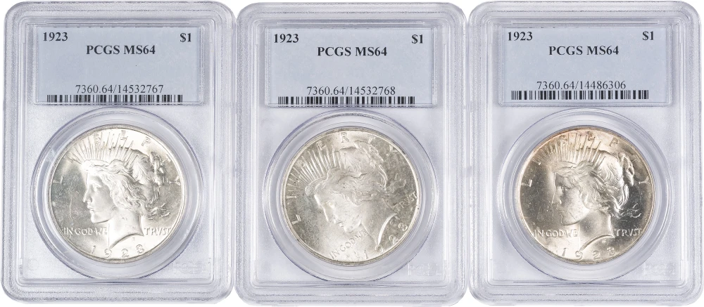 3 Piece Lot Of PCGS MS-64 1923 Peace Dollars