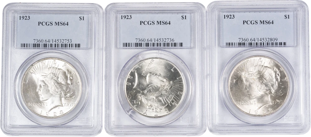 3 Piece Lot Of PCGS MS-64 1923 Peace Dollars