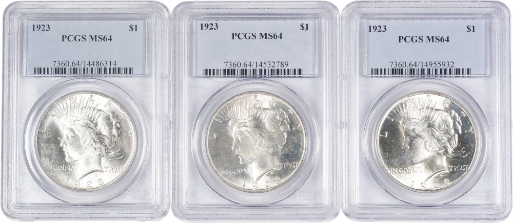 3 Piece Lot Of PCGS MS-64 1923 Peace Dollars