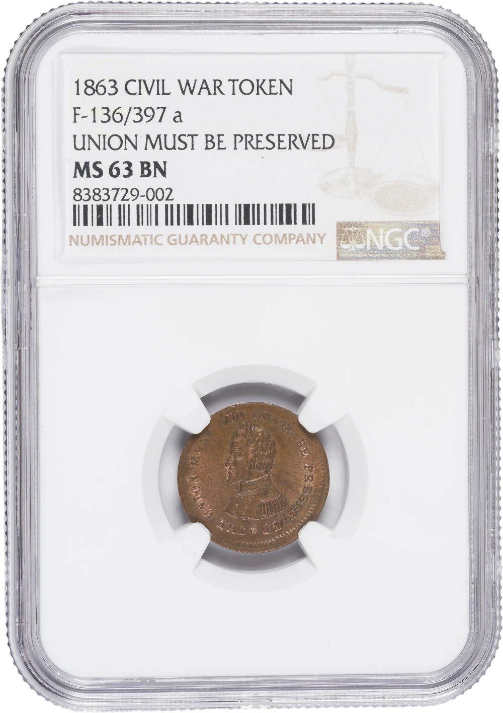 NGC MS-63 Brown Patriotic Civil War Token