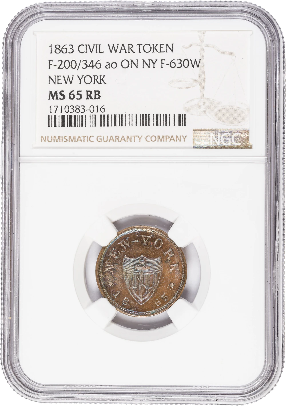 NGC MS-65 RB 1863 Overstruck NY Civil War Token