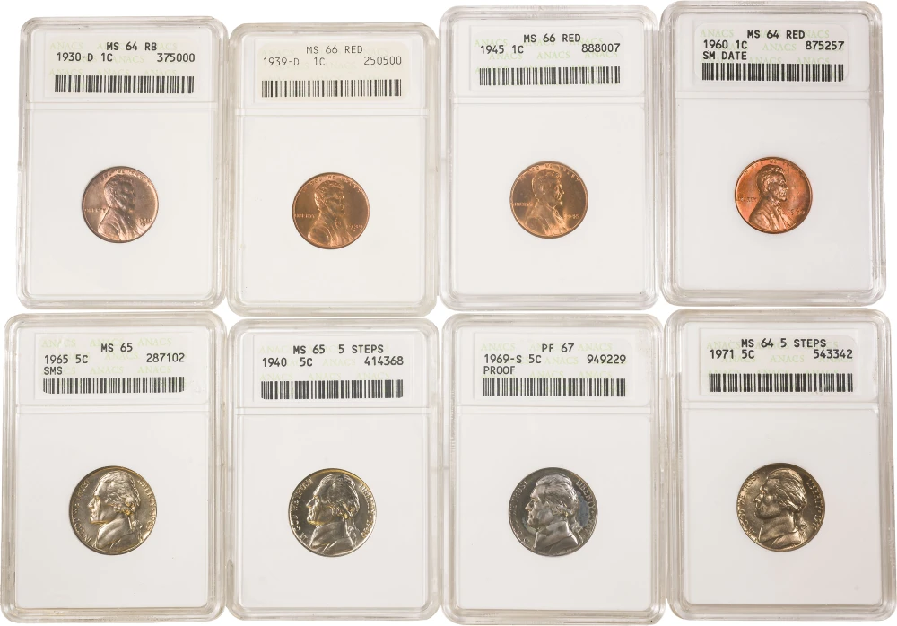 8 Pcs Of Early ANACS Holdered Cents & Nickels