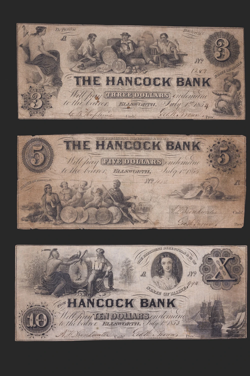 Maine. Ellsworth. Hancock Bank 3 Note Lot