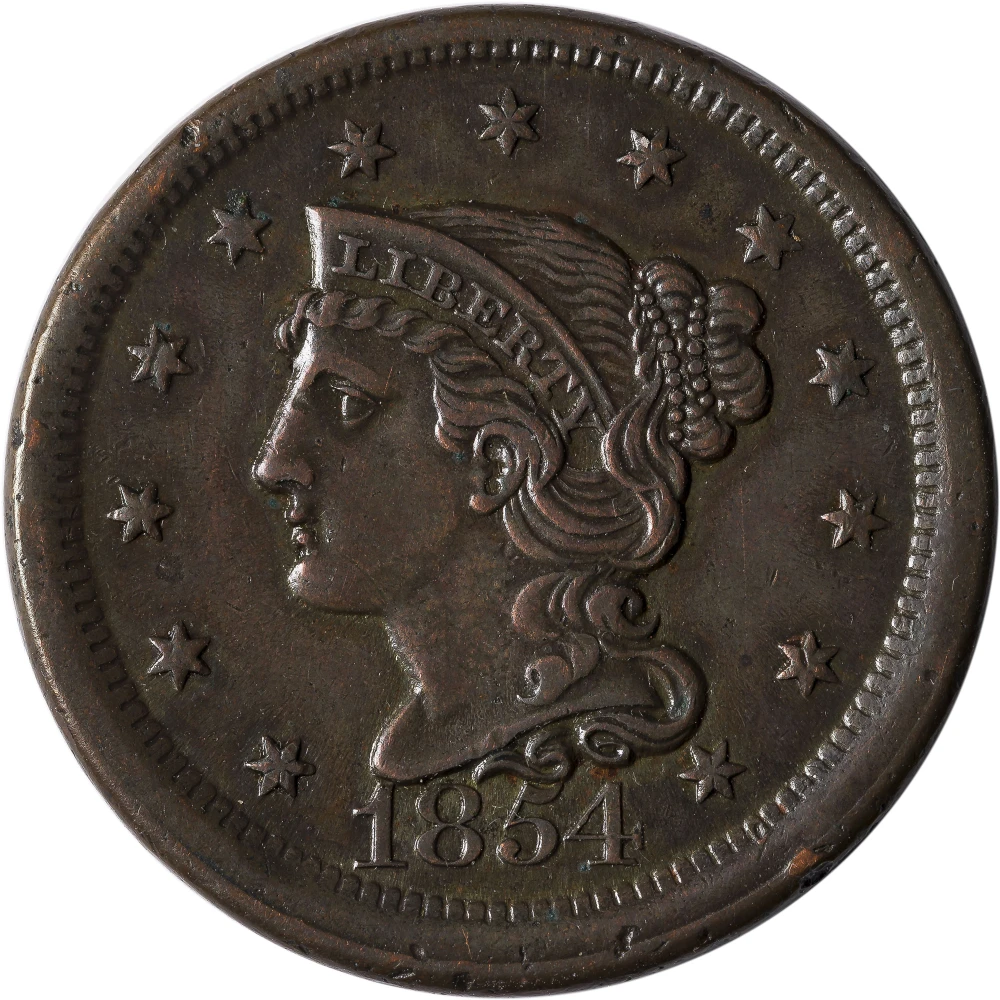 AU-50 1854 Large Cent