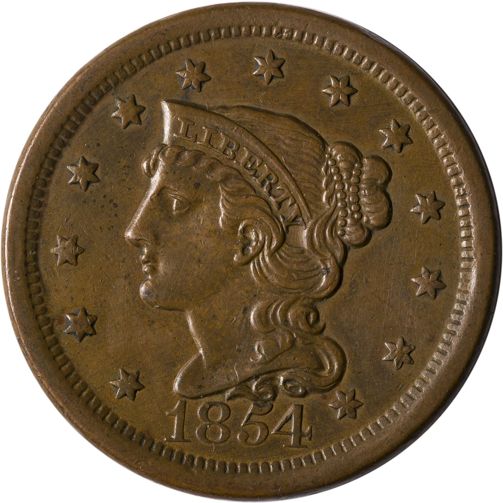 AU-50 1854 Large Cent