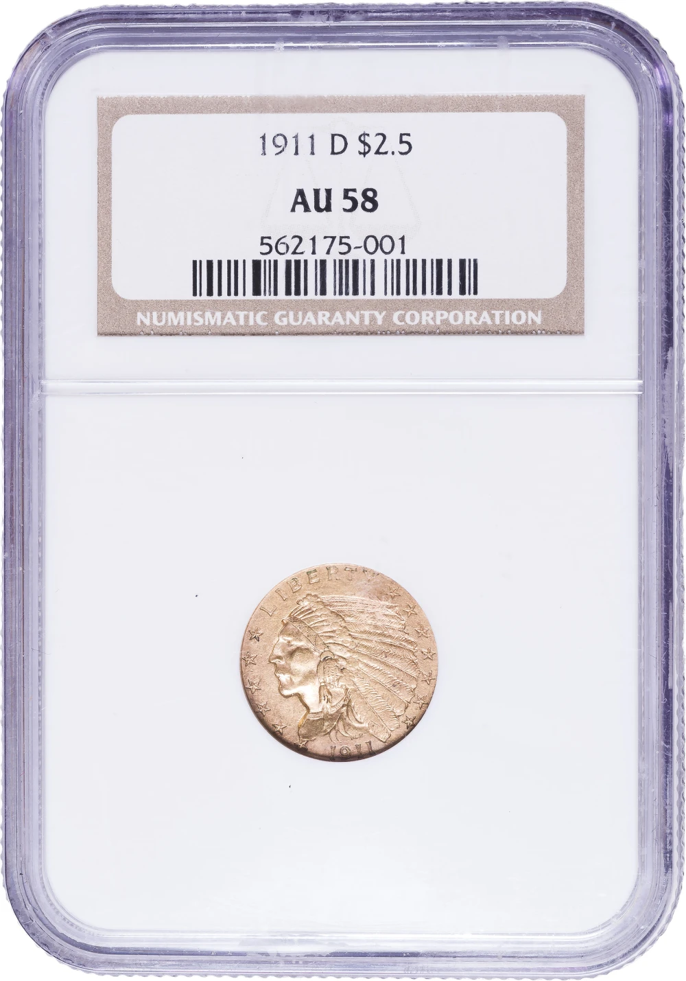 NGC AU-58 1911-D $2.50 Indian Gold