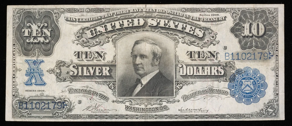 VF/EF 1908 $10 Tombstone Silver Certificate