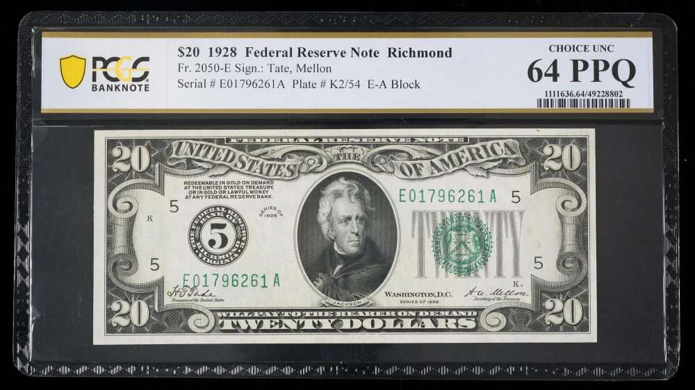 PCGS Choice UNC-64 PPQ 1928 $20 Consecutive Pair