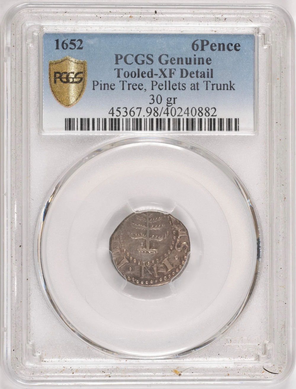 PCGS EF Details 1652 Mass Pine Tree Six Pence