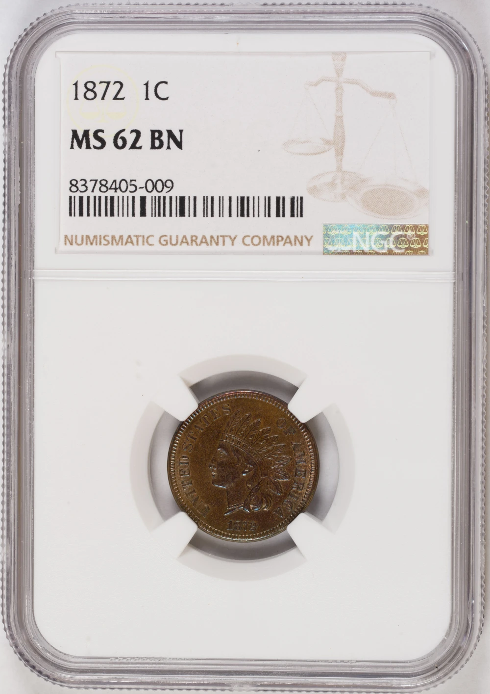 NGC MS-62 BN 1872 Indian Cent
