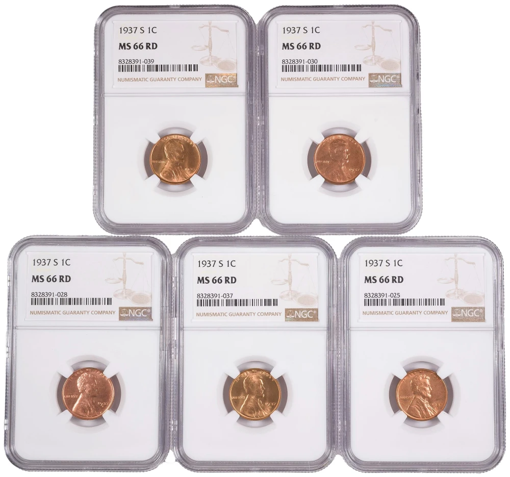 10 Pieces NGC MS-66 RD 1937-S Lincoln Cents