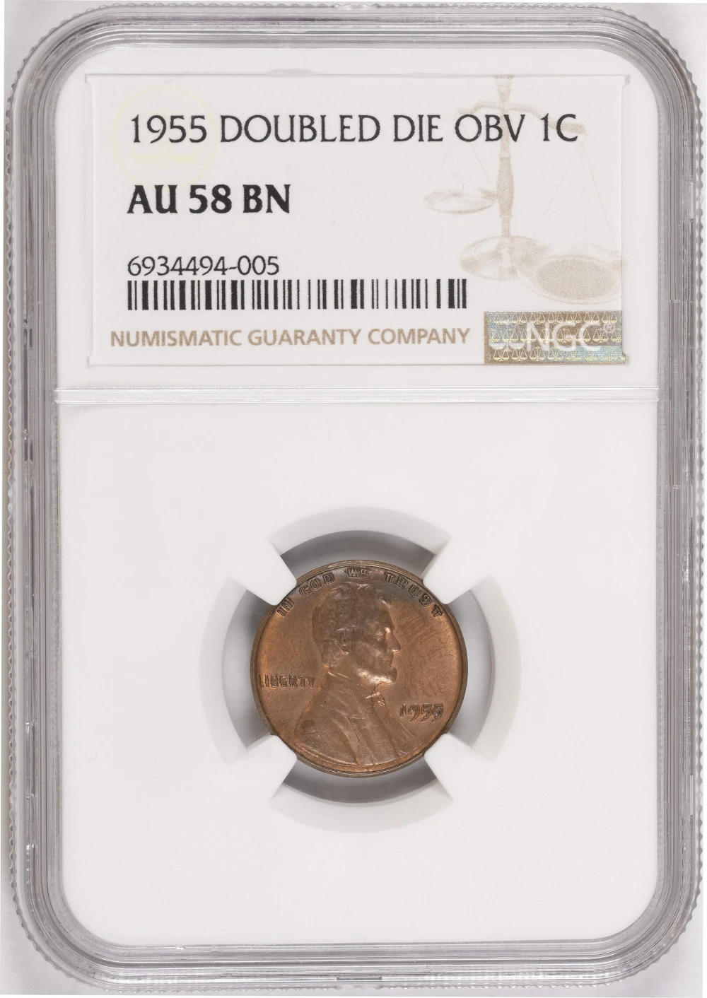 PQ NGC AU-58 1955/55 Double Die Lincoln Cent