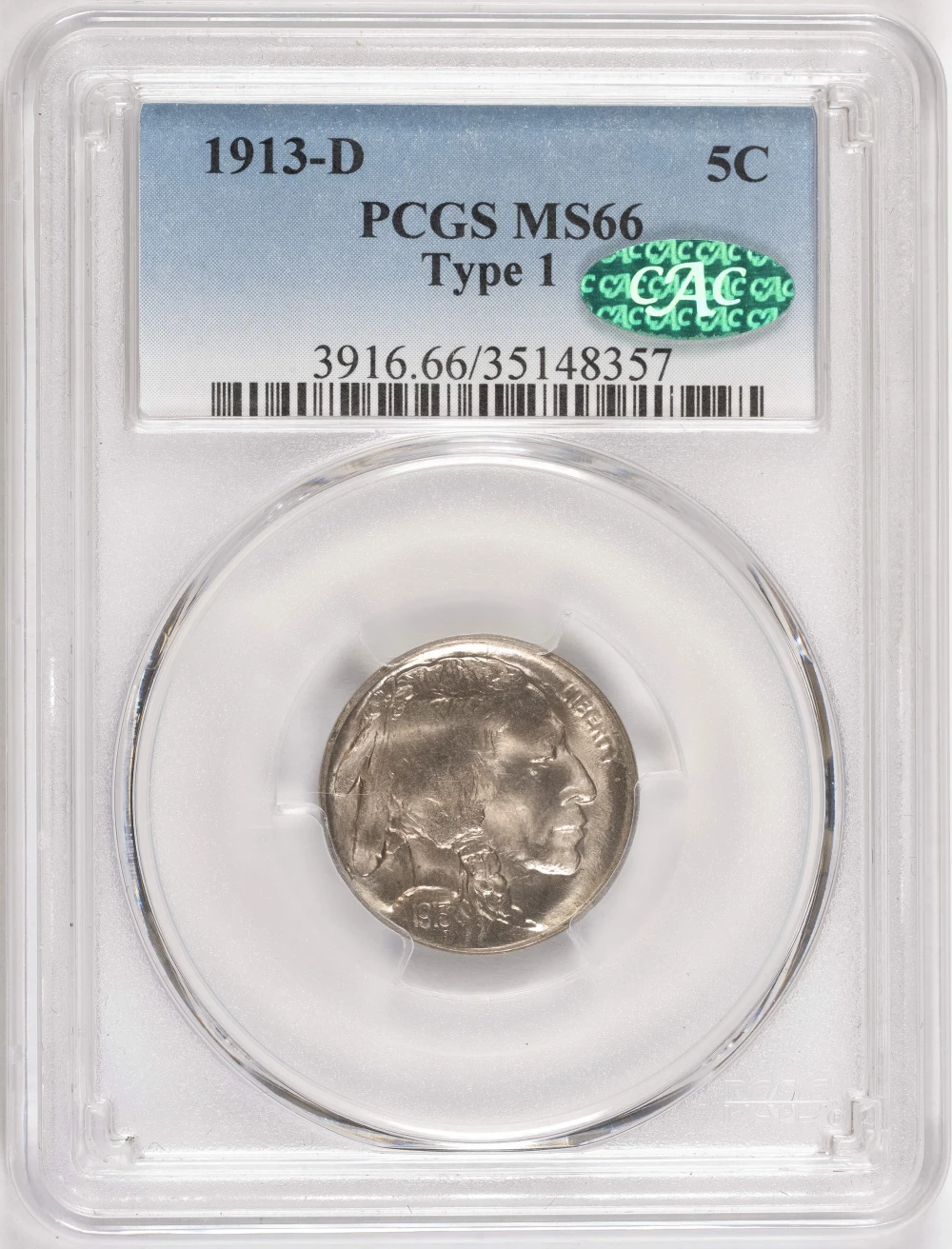 PCGS MS-66 CAC 1913-D TI Buffalo Nickel