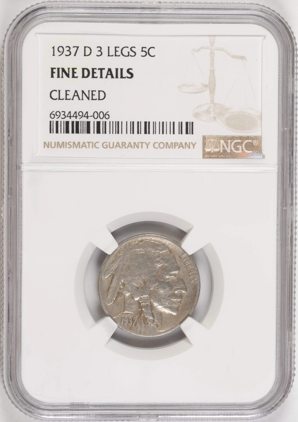 NGC Fine Details 1937-D 3 Leg Buffalo Nickel