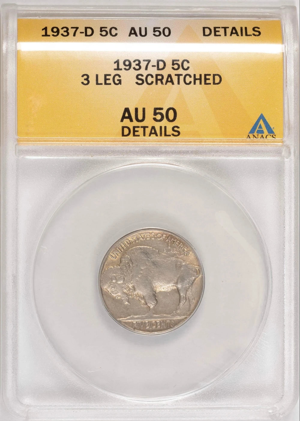 ANACS AU-50 Details 1937-D 3 leg Buffalo Nickel