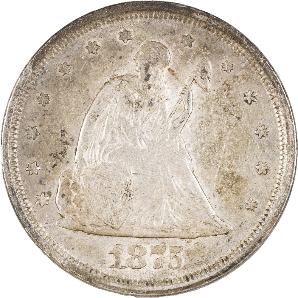 AU-50+ 1875-S Twenty Cents