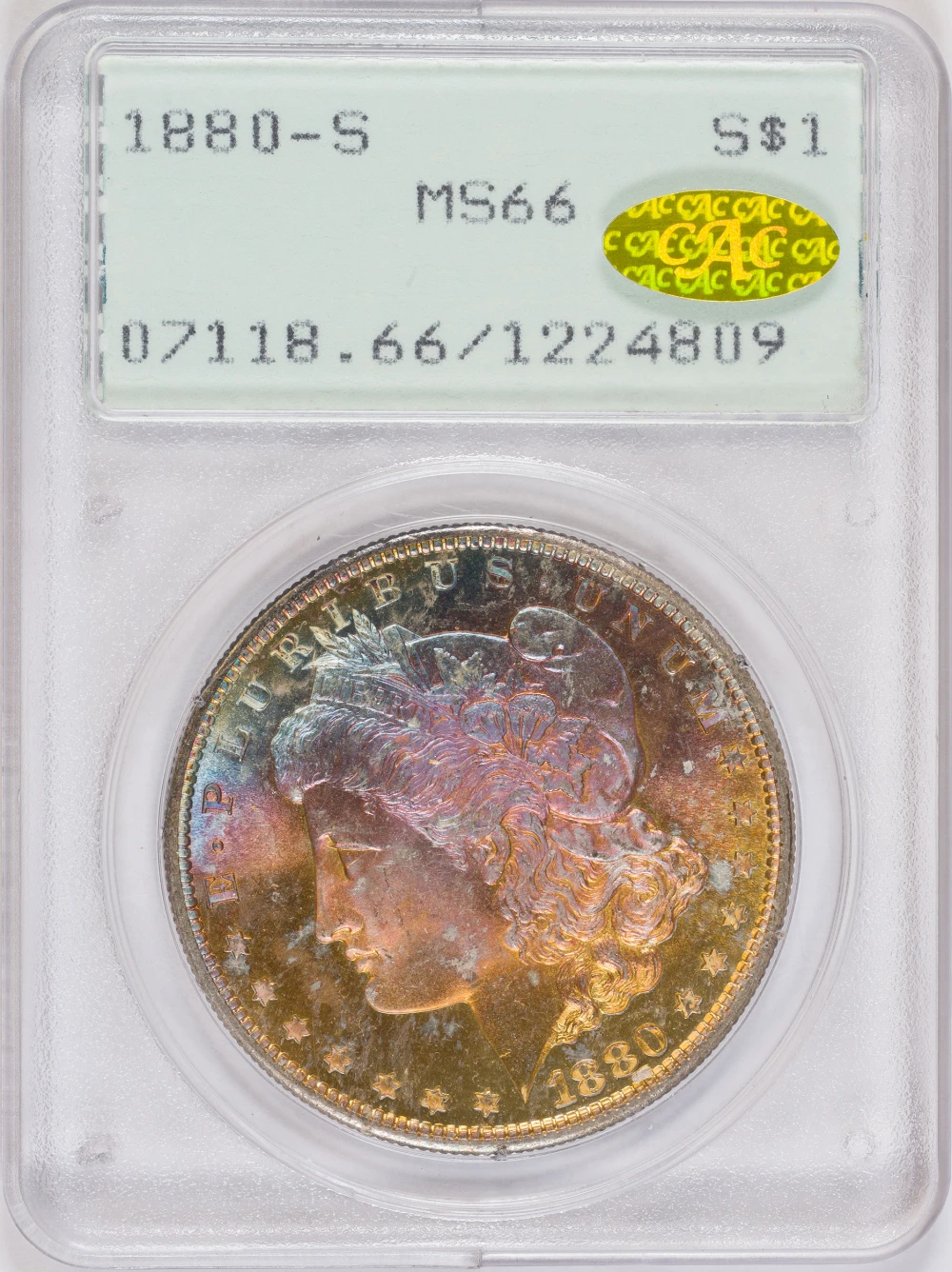 Fantastic Toned PCGS MS-66 Gold CAC 1880-S Morgan