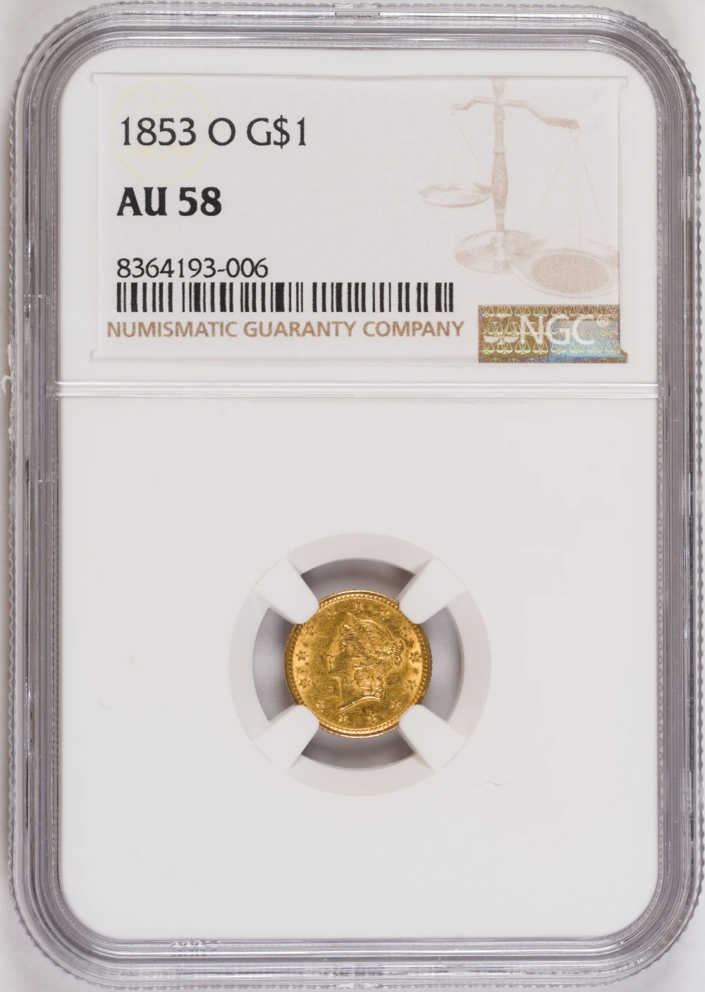 NGC AU-58 1853-O $1 Gold